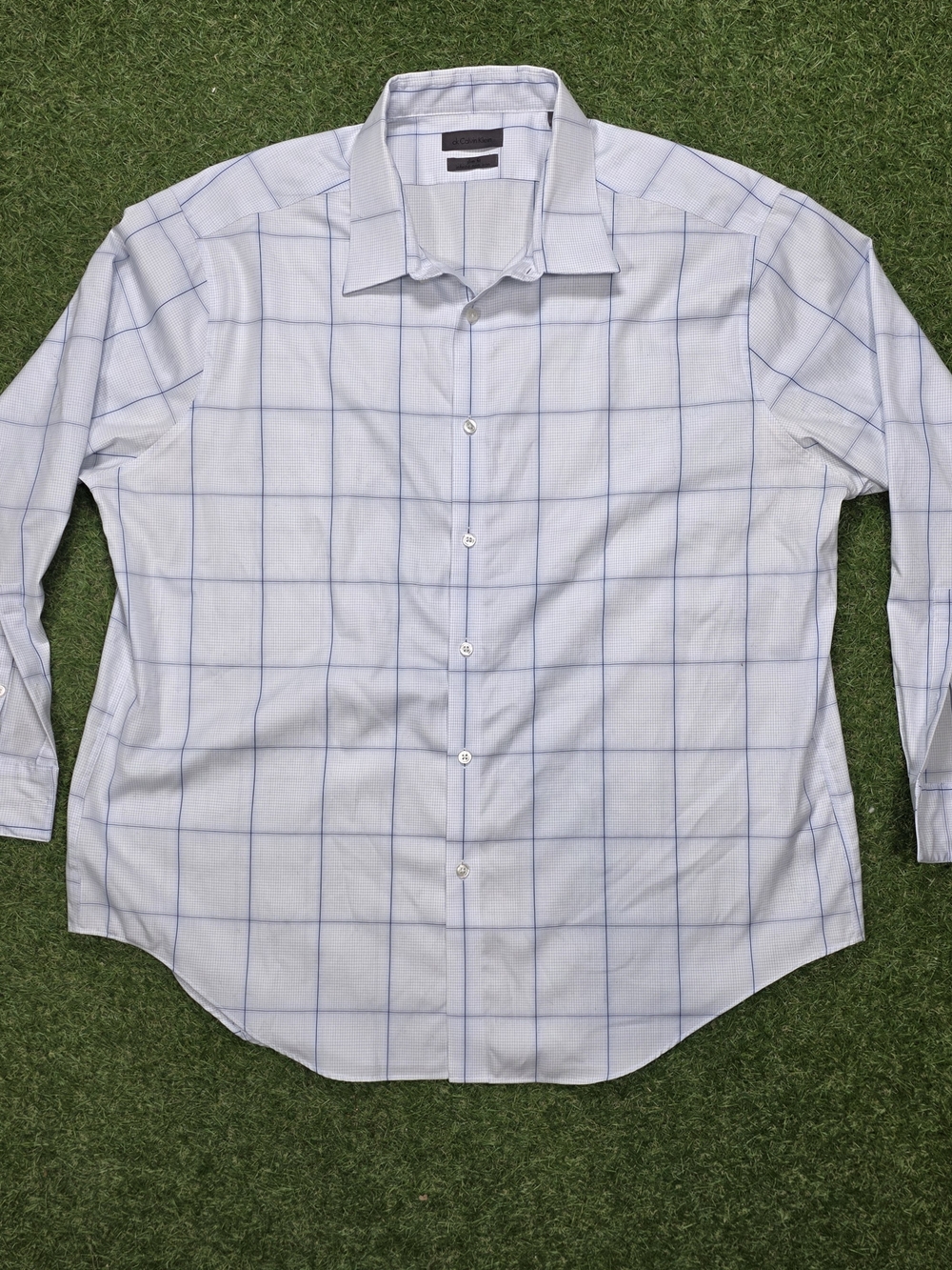 Calvin Klein Mens 18 32/33 Slim Fit Infinite Non Iron Dress Shirt Blue Check XXL